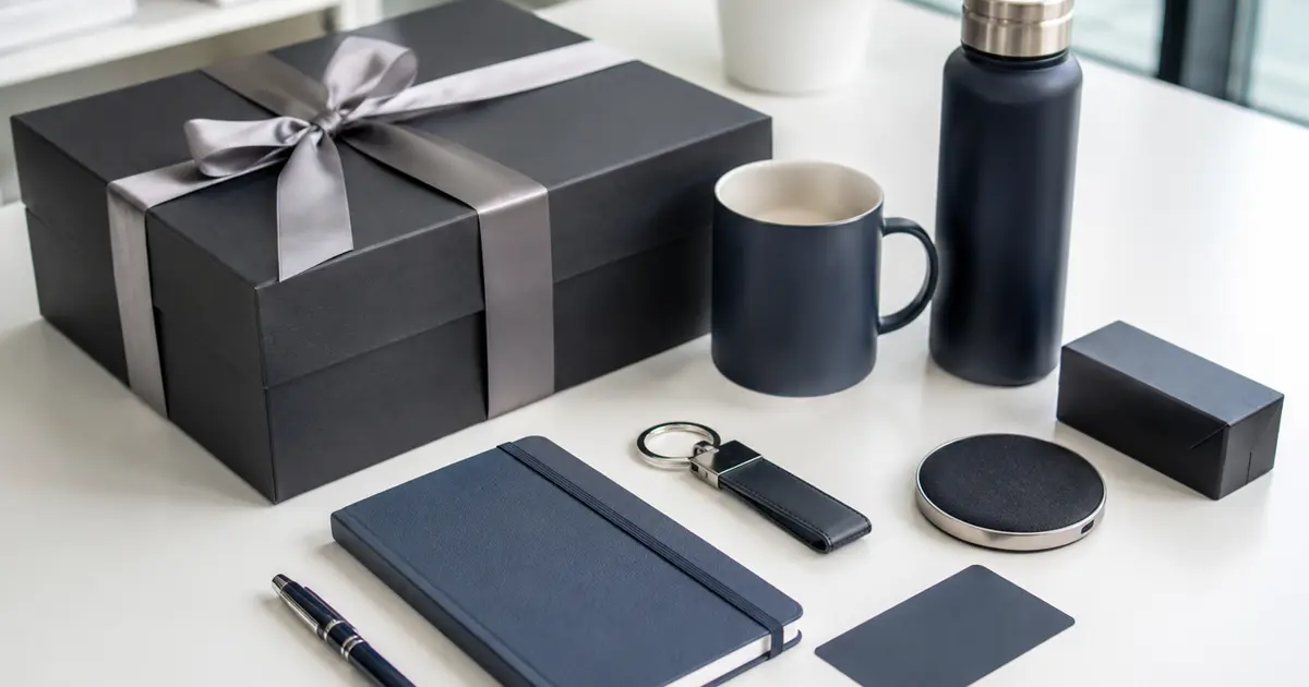 Corporate gift products arranged for branded business gifting