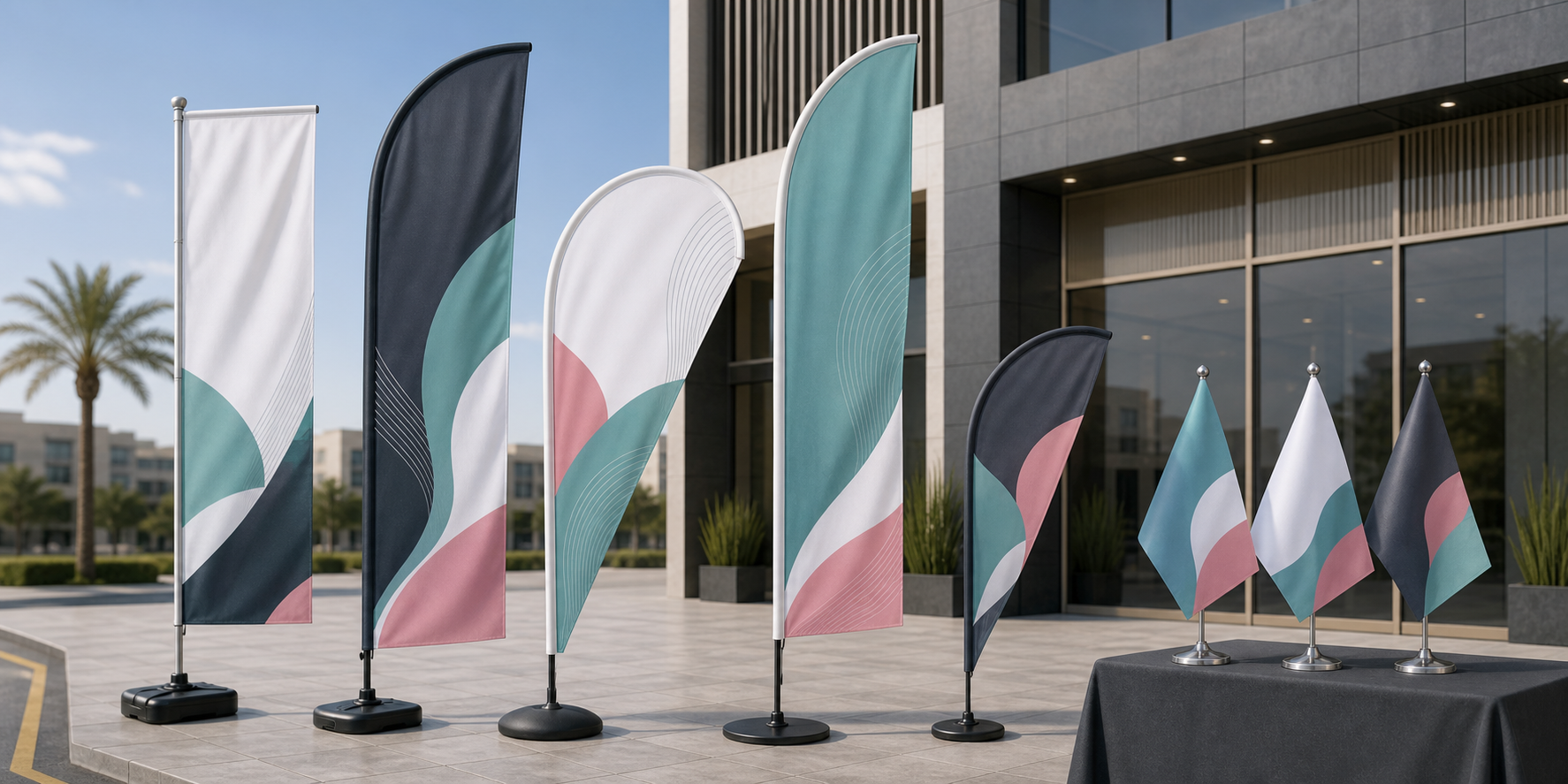 J-shape flags, promotional flags, and table flags